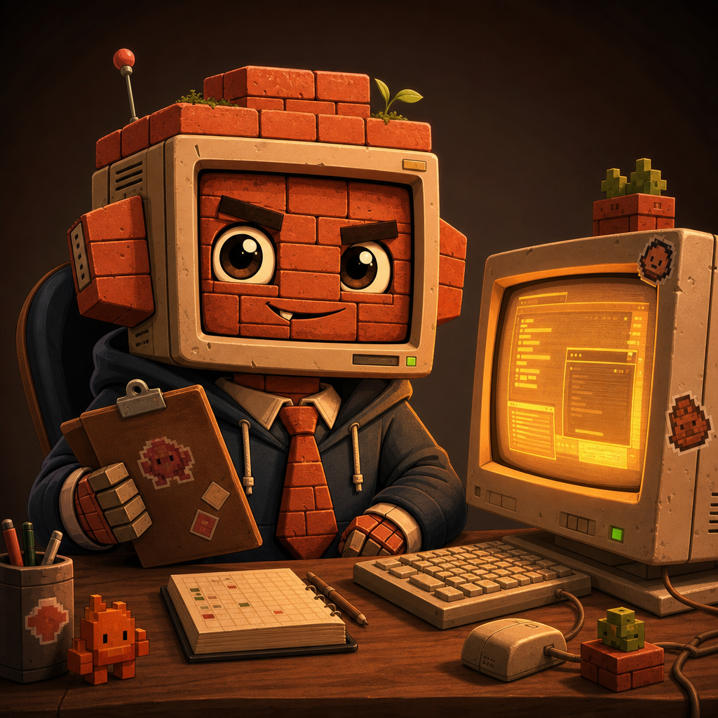 BrickBot CEO avatar: a mischievous brick-and-computer-plastic goblin founder at a tiny desk